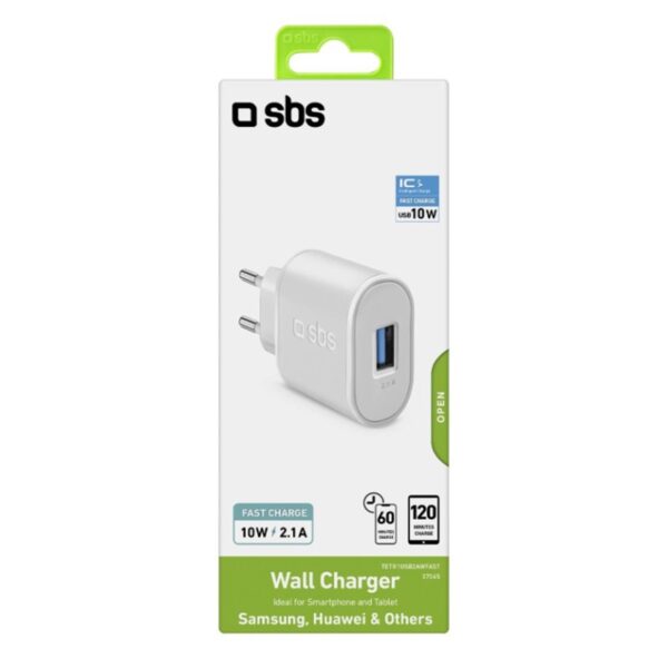 Cargador de pared sbs usb 100 - 250v 1000 mah carga rapida blanco - Imagen 2