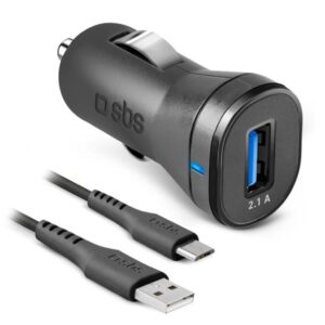 Kit cargador coche mini sbs 1x usb 2.1a 12 - 24v 2100 mah+cable usb a micro usb 1m
