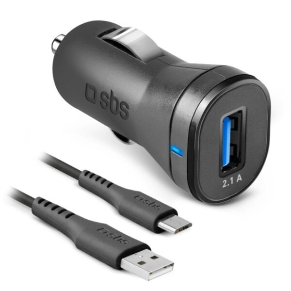 Kit cargador coche mini sbs 1x usb 2.1a 12 - 24v 2100 mah+cable usb a micro usb 1m