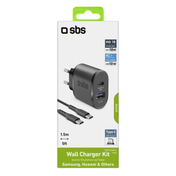 Kit cargador pared sbs 1 x usb 2.1 1 x usb tipo c 12 - 24v carga rapida + cable usb tipo c 1.5m - Imagen 2