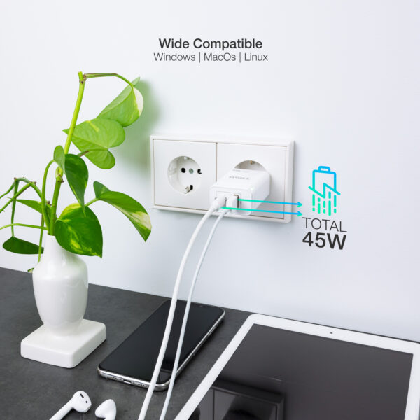 Cargador de pared tooq doble usb - c + usb a blanco 45w - Imagen 3