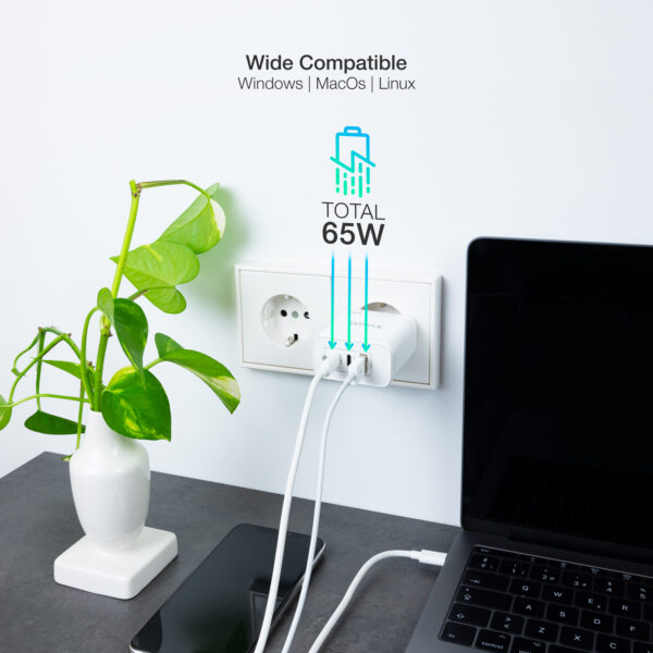 Cargador de pared tooq triple 2xusb - c + usb a blanco 65w - Imagen 3