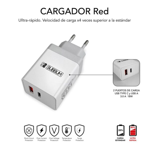 Cargador de pared subblim subchg - 3wpd10 25w usb tipo c - usb tipo a - Imagen 2