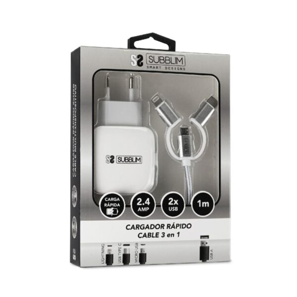 Cargador pared subblim 12w usb tipo a + cable 3 en 1 - Imagen 3