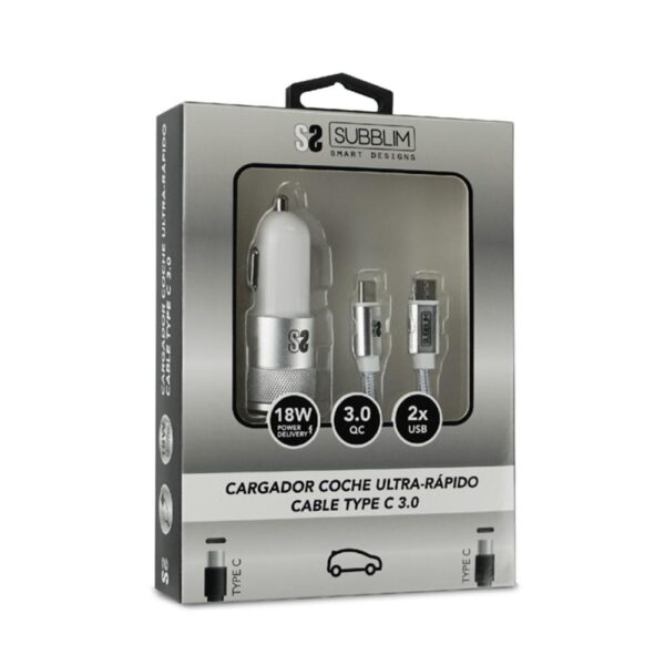 Cargador coche subblim 18w usb tipo a - usb tipo c + cable usb tipo c - Imagen 2
