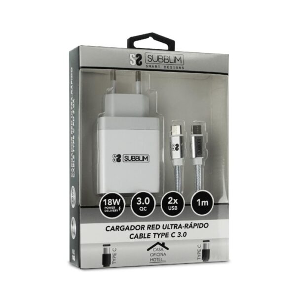 Cargador subblim 18w  usb tipo a - usb tipo c + cable usb tipo c - Imagen 3