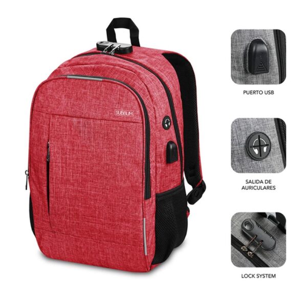 Mochila subblim urban lock backpack para portatil 16 pulgadas rojo - Imagen 2