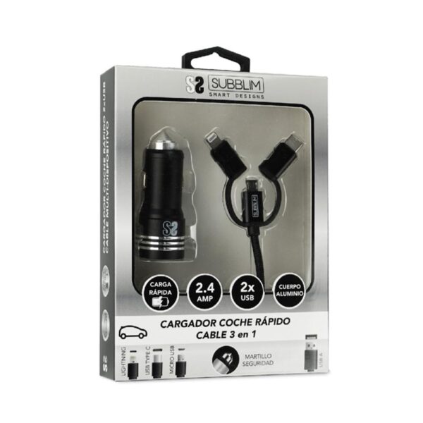 Cargador coche subblim 12w usb tipo a + cable 3 en 1 - Imagen 3