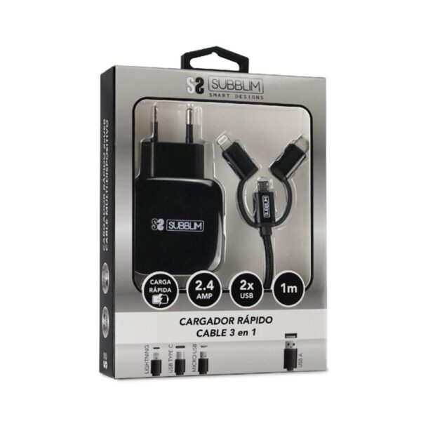Cargador subblim 12w usb tipo a + cable 3 en 1 - Imagen 3