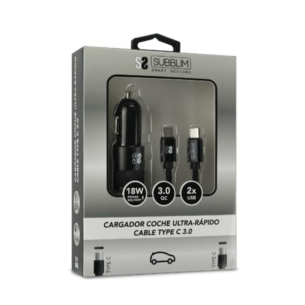 Cargador coche subblim 18w usb tipo a - usb tipo c + conector usb tipo c - Imagen 3