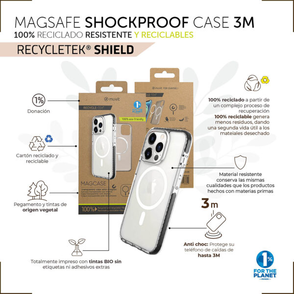 Funda muvit recycletek magsafe shockproof 3m para apple iphone 14 plus transparente - negra - Imagen 3