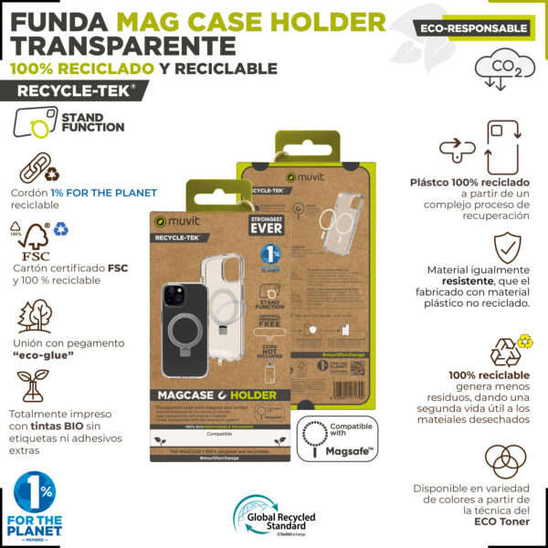 Funda muvit recycletek magsafe + soporte para iphone 15 transparente - Imagen 2