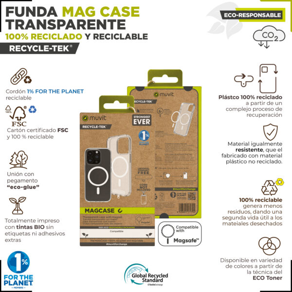 Funda muvit recycletek magsafe para apple iphone 15 plus transparente - Imagen 2