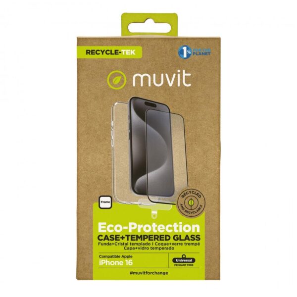 Funda muvit recycletek para apple iphone 16 transparente + protector cristal templado marco negro - Imagen 2