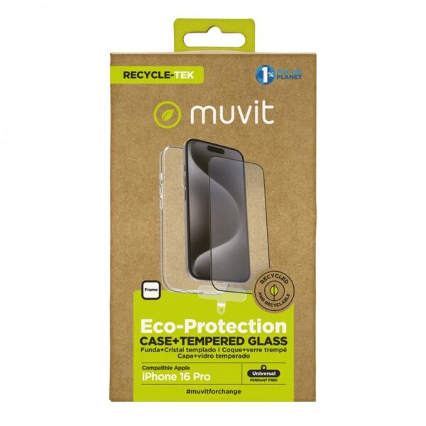 Funda muvit recycletek para apple iphone 16 pro transparente + protector cristal templado marco negro - Imagen 2