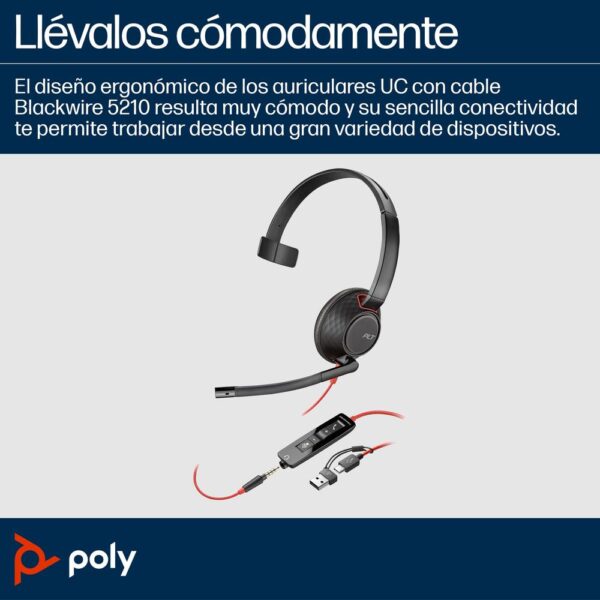Auricular poly blackwire 5210 usb tipo c negro - Imagen 2