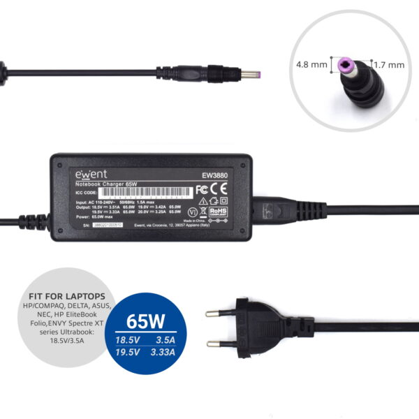 Cargador ewent ew3899 para portatiles asus 65w - Imagen 2