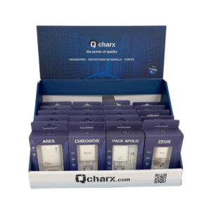 Expositor cables y cargadores qcharx 35 referencias color azul