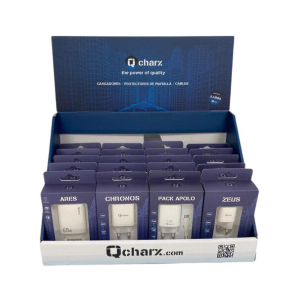 Expositor cables y cargadores qcharx 35 referencias color azul