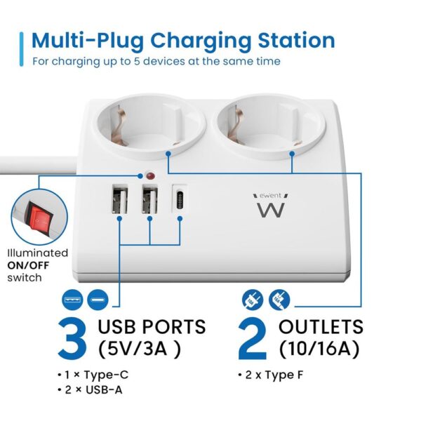 Regleta ewent 2 tomas shucko 2 puertos usb tipo a 1 puerto usb tipo c interruptor blanco - Imagen 2