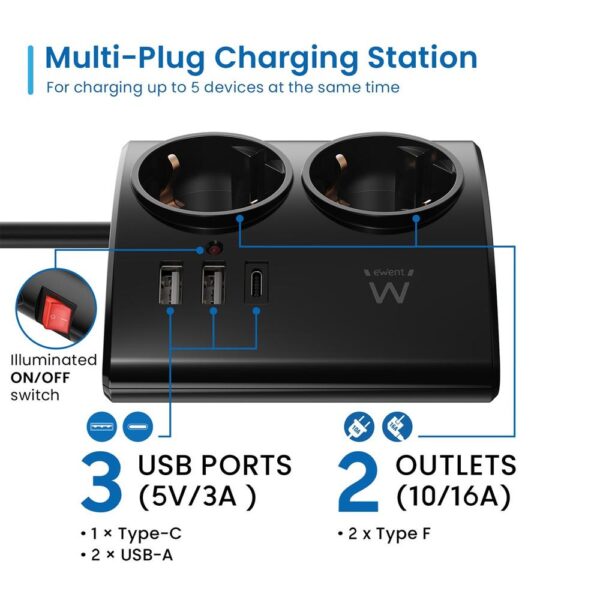 Regleta ewent 2 tomas shucko 2 puertos usb tipo a 1 puerto usb tipo c interruptor negro - Imagen 2