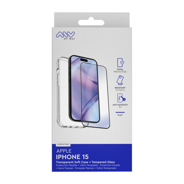 Carcasa myway para apple iphone 15 transparente + protector pantalla cristal templado - Imagen 2