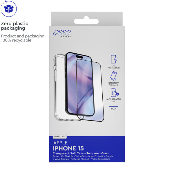 Carcasa myway para apple iphone 15 transparente + protector pantalla cristal templado - Imagen 3