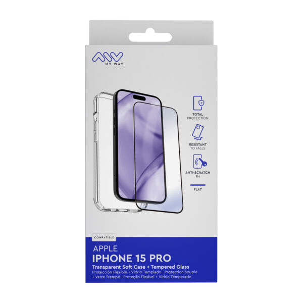 Carcasa myway para apple iphone 15 pro transparente + protector pantalla cristal templado - Imagen 2