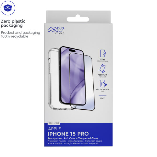 Carcasa myway para apple iphone 15 pro transparente + protector pantalla cristal templado - Imagen 3