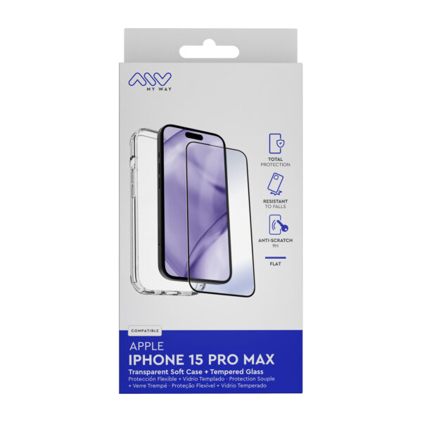 Carcasa myway para apple iphone 15 pro max transparente + protector pantalla cristal templado - Imagen 3