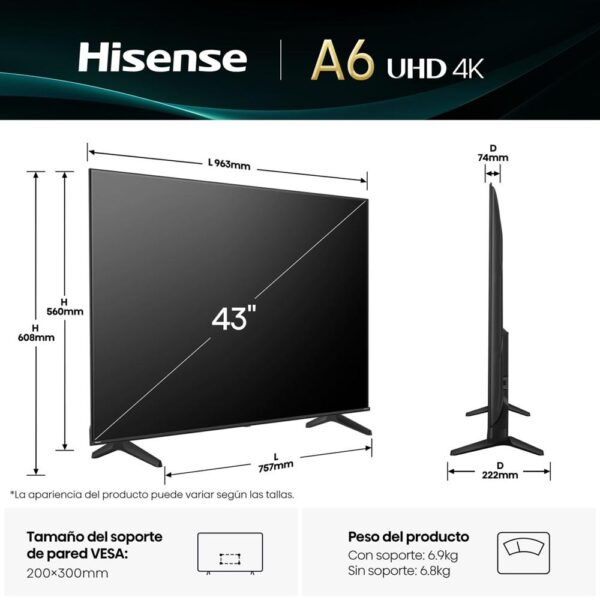 Tv hisense 43 pulgadas led 4k uhd - 43a6q - smart tv - Imagen 2