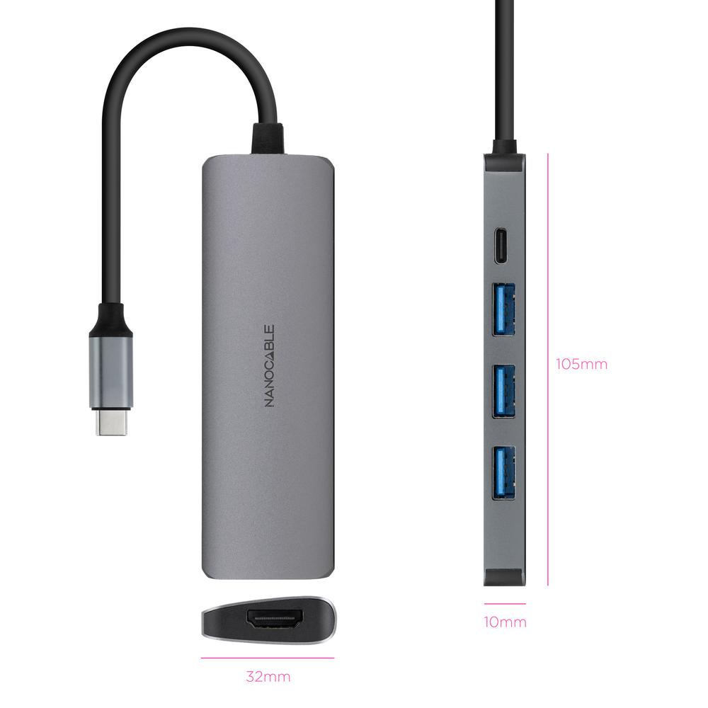 Hub nanocable usb - c 5 en 1 conversor usb - c 3.1 a 3xusb - a 3.0 + usb - c pd + hdmi aluminio gris 18 cm - Imagen 2
