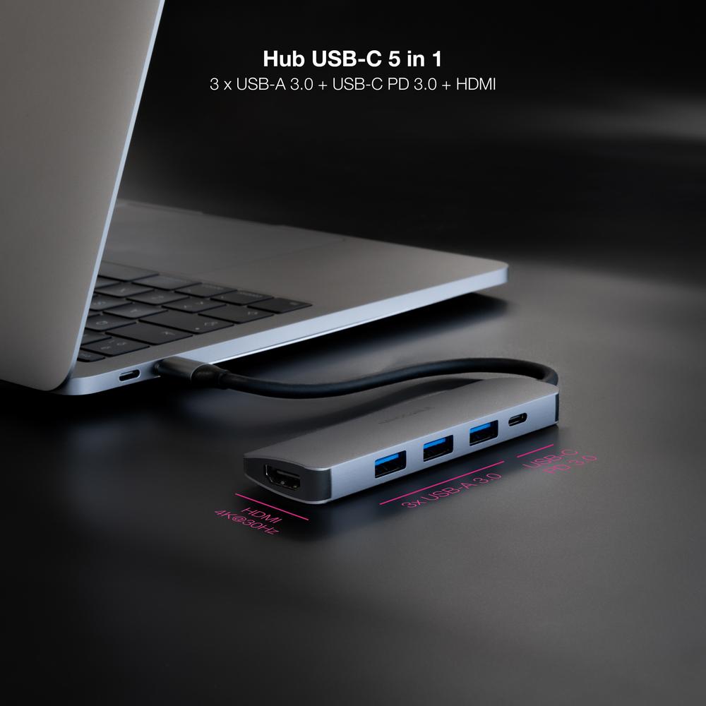 Hub nanocable usb - c 5 en 1 conversor usb - c 3.1 a 3xusb - a 3.0 + usb - c pd + hdmi aluminio gris 18 cm - Imagen 3