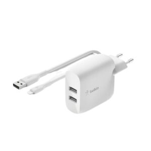 Cargador belkin wcd001vf1mwh 24w 2x usb tpo a + cable lightning a usb tipo a 1m