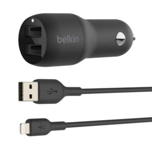 Cargador de coche belkin ccd001bt1mbk 24w 2x usb tipo a + cable lightning a usb tipo a