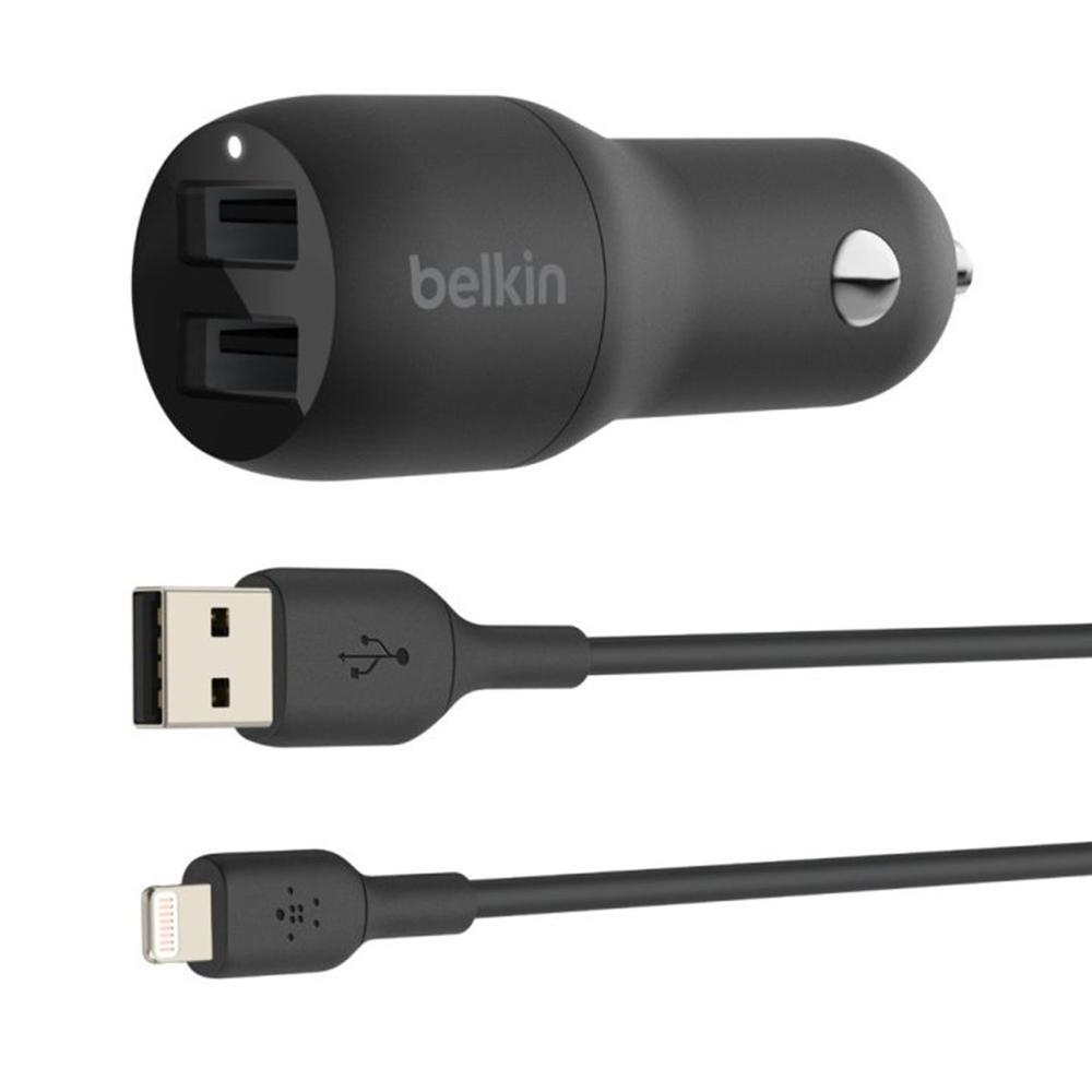 Cargador de coche belkin ccd001bt1mbk 24w 2x usb tipo a + cable lightning a usb tipo a