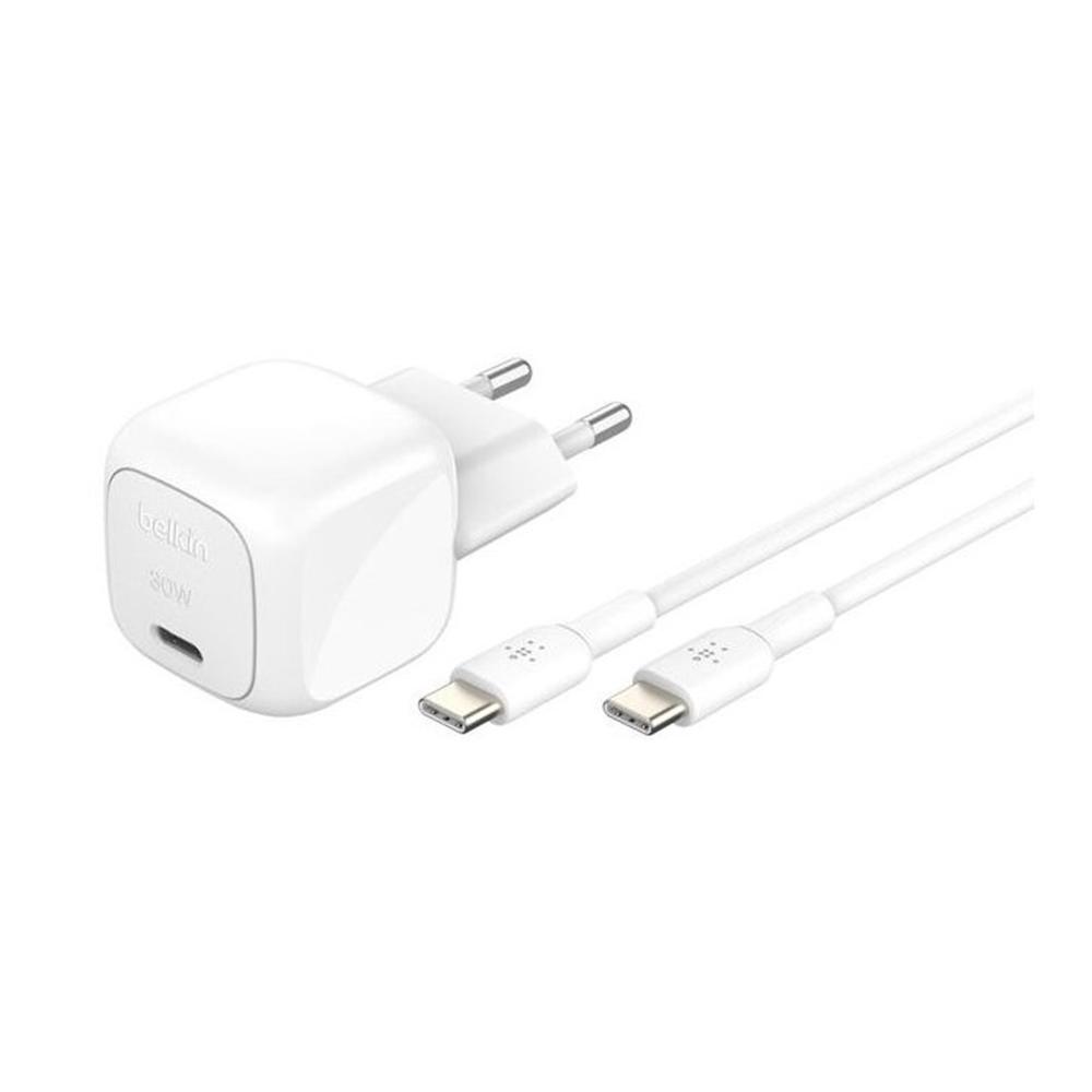 Cargador de pared belkin wca008kq1mwh - b6 30w usb tipo c + cable usb tipo c blanco