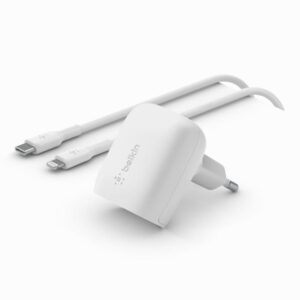 Cargador de pared belkin wca006vf1mwh - b5 20w 1x usb tipo c blanco + cable lightning a usb tipo c 1m