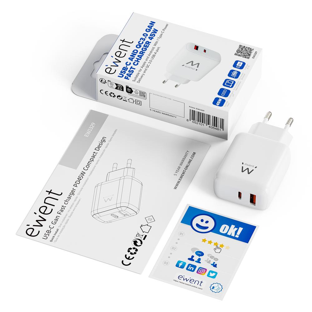 Cargador ewent ew1329 45w usb tipo a - usb tipo c - Imagen 2